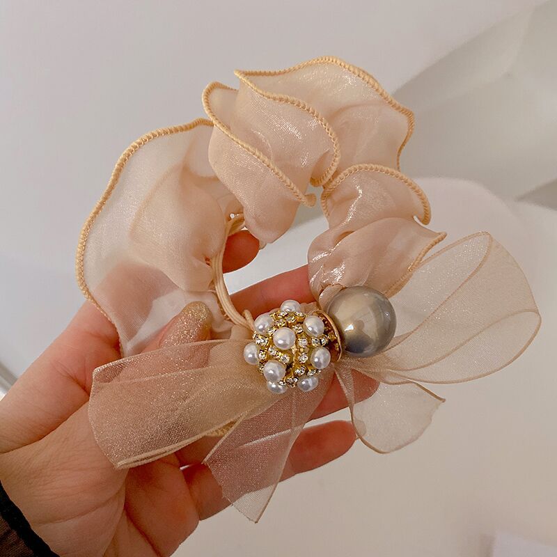 Crystal large intestine ring fairy fairy pearl light luxury rubber band handmade hair tie