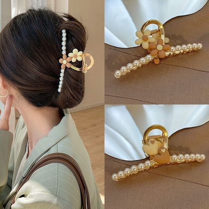 Pearl Fishtail Hairpin Rhinestone Rose Large Clip