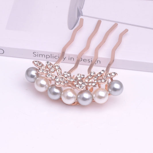 Pearl four-tooth comb with rhinestones and bow hair comb clip